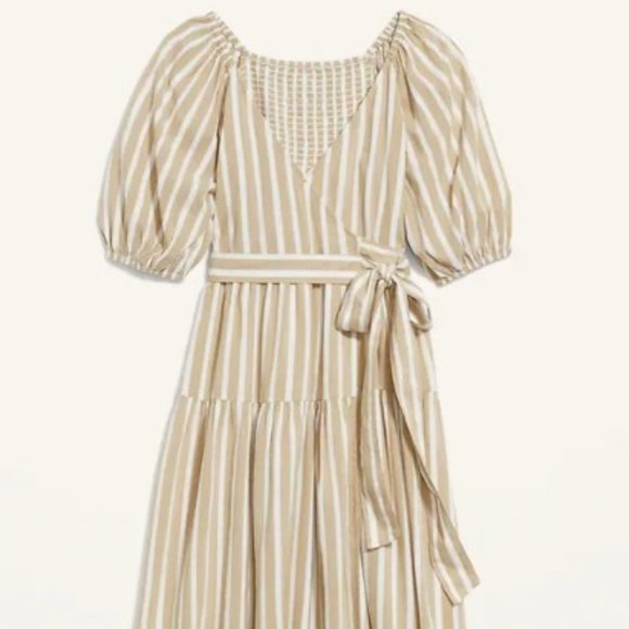 Waist-Defined Striped Tie-Belt Midi Wrap Dress for Women - Natural Stripe XS - Picture 2 of 2